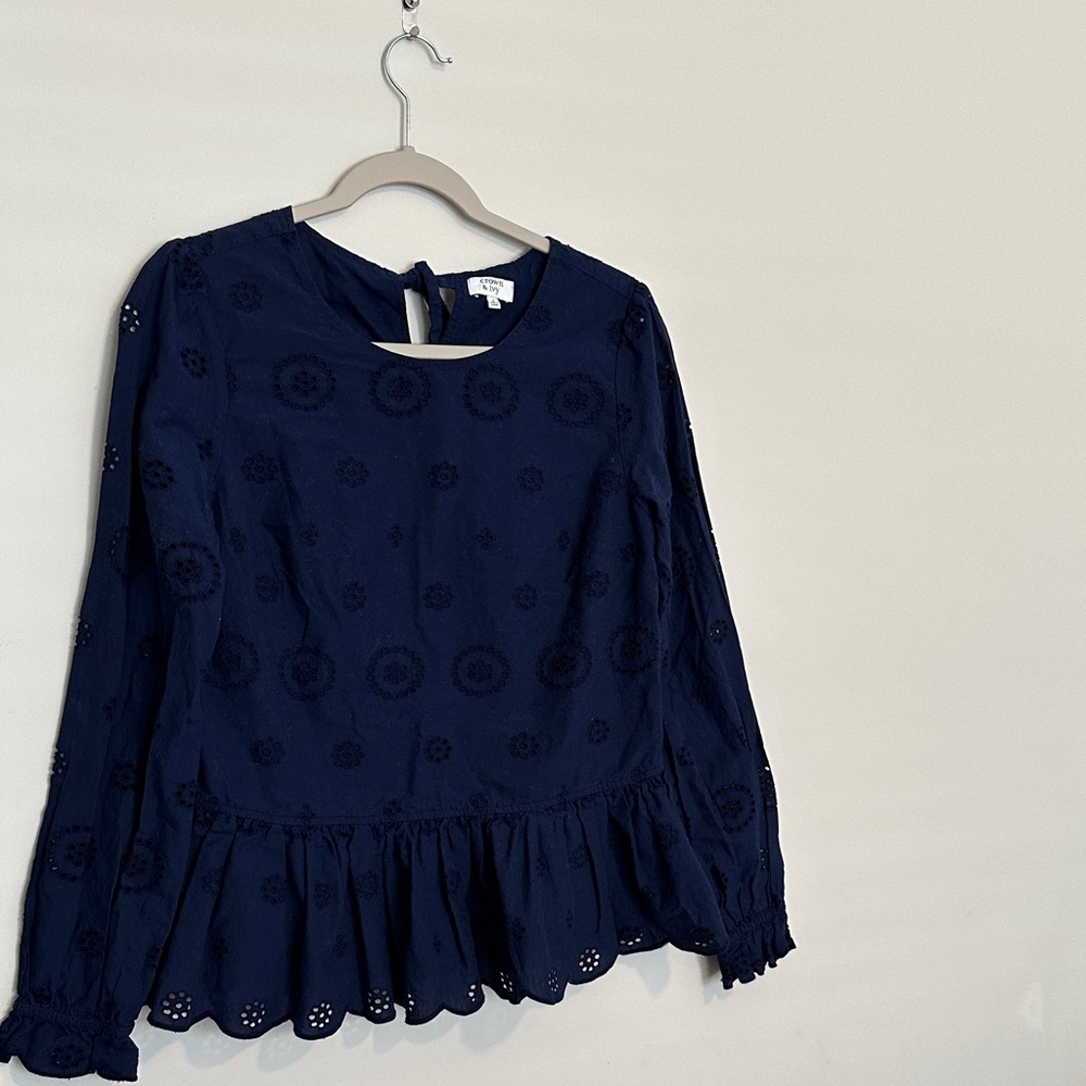 crown & ivy Navy Eyelet Peplum Blouse with Ruffle Hem